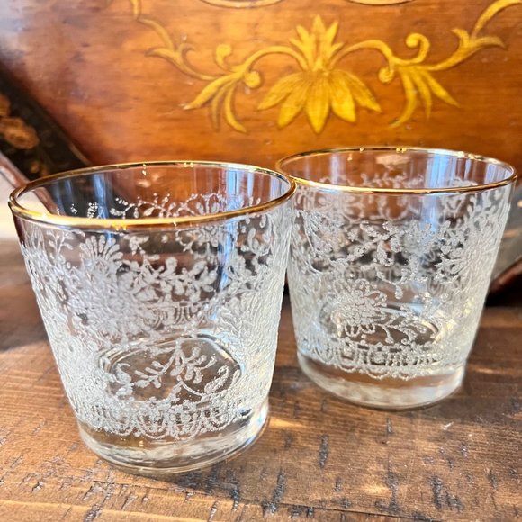 2 White Lace Floral Libbey MCM Old Fashioned Whiskey Gold Rimmed - Picture 8 of 8